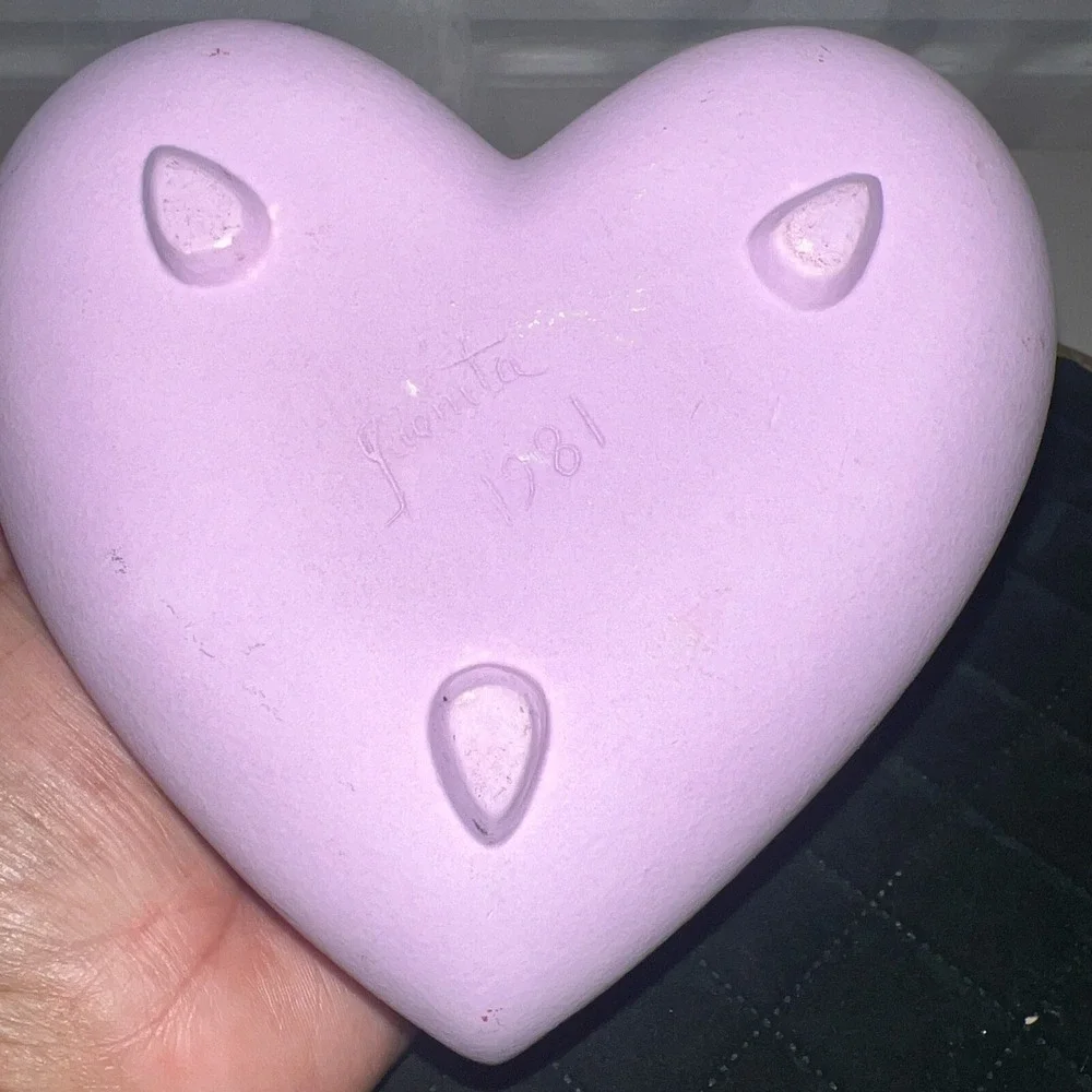Vintage Signed Juanita  Ceramics Heart Floral Jewelry Trinket Box  Pink  Purple